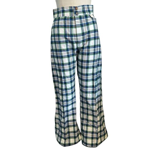 NWT Vintage 60s 70s Green Plaid Flared Cuffed Pants 4/6 - Picture 1 of 12